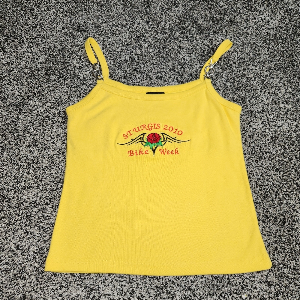 Y2k‎ Vtg Sturgis 2010 Bike Week, Spaghetti Strap,Yellow Built In Bra,Grunge Punk